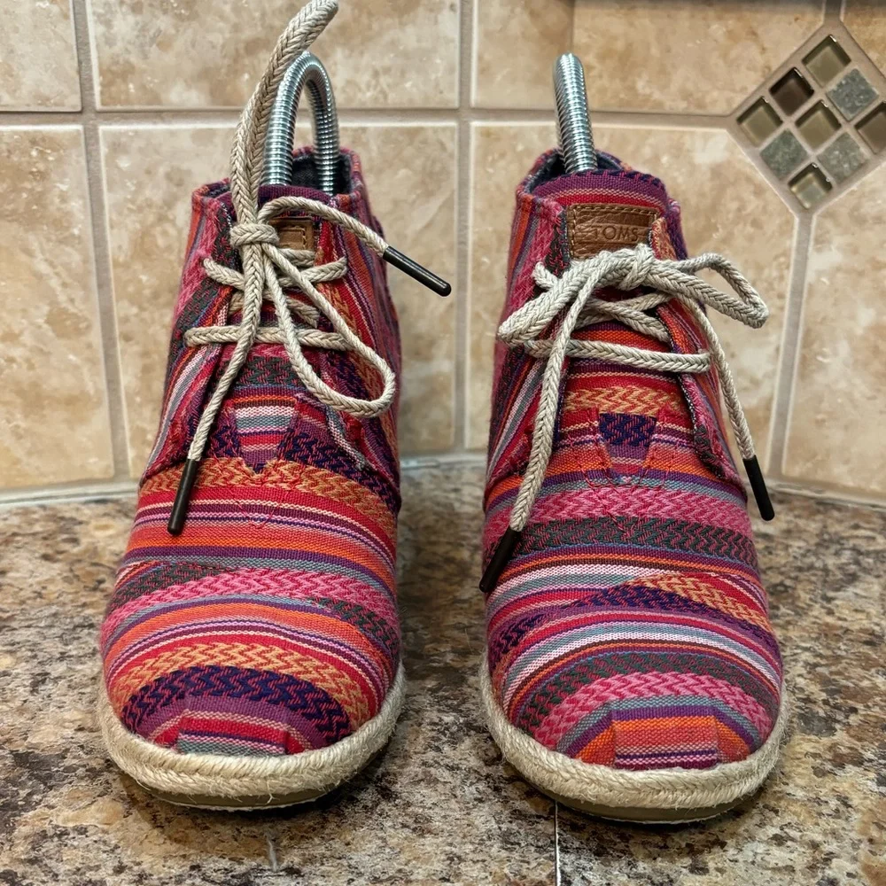 Toms Mexican Serape Blanket Hemp Linen Espadrille Wedge Ankle Booties Si…